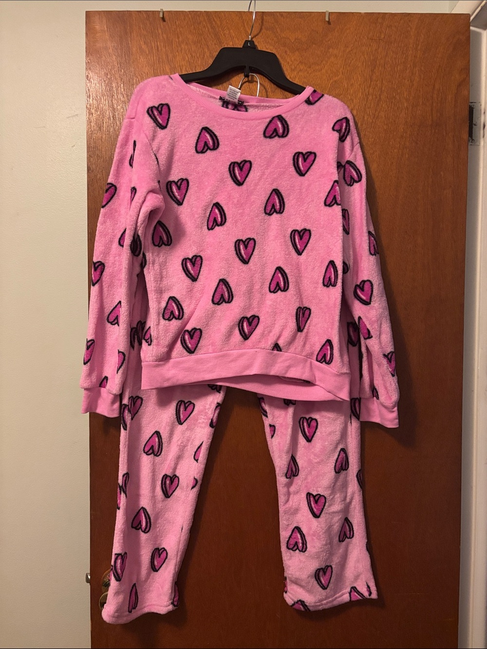 Juniors Pink Heart-Print Fleece Pajama Set